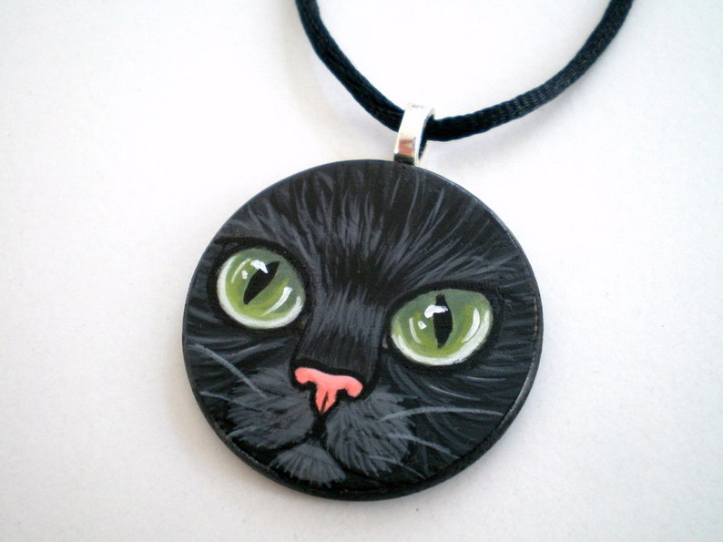 Green Eyed Black Cat Necklace Hand Paint Pendant wooden art jewelry, gift for pet lovers image 3