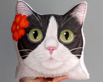 Tuxedo Cat Pillow, Cat head cushion, Floral Cat pillow, Hand Painted cat plush pillow, cat lover gift