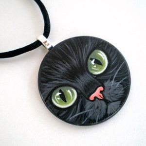 Green Eyed Black Cat Necklace Hand Paint Pendant wooden art jewelry, gift for pet lovers image 1