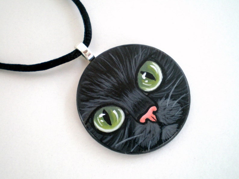 Green Eyed Black Cat Necklace Hand Paint Pendant wooden art jewelry, gift for pet lovers image 1