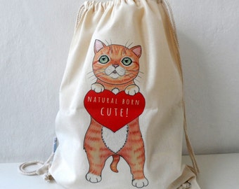 Cat Bag - Cotton Backpack, Canvas Tote, Cat Tote, Cat bag, drawstring backpack, gift for cat lovers