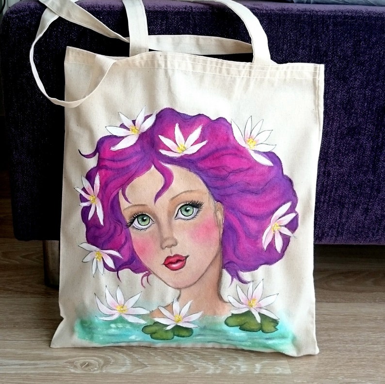 Painted Tote Girl Illustration Tote Birthday Day Gift Lotus Girl Tote Bag