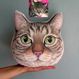 May include: A brown and gray tabby cat face pillow with green eyes and a pink nose. The pillow is hand-painted and has a realistic look.