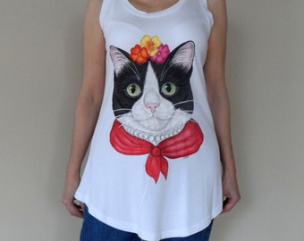 Frida Cat  Tank Top  - Cat Lady tank , Catmom Tshirt ,  handpainted tshirt, Cat Lover Gift, Funny Cat illustration