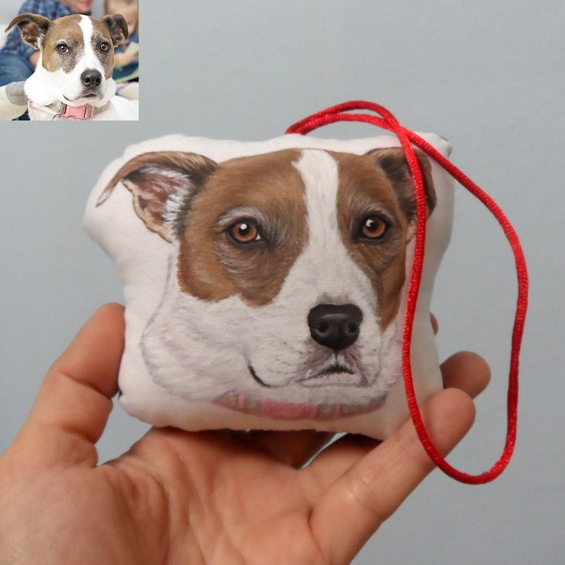 Puede incluir: Un cuadrado de tela blanco con la cara de un perro blanco y marr&oacute;n pintada en &eacute;l. Una cuerda roja est&aacute; unida al cuadrado de tela. El cuadrado de tela est&aacute; siendo sostenido en la mano de una persona.