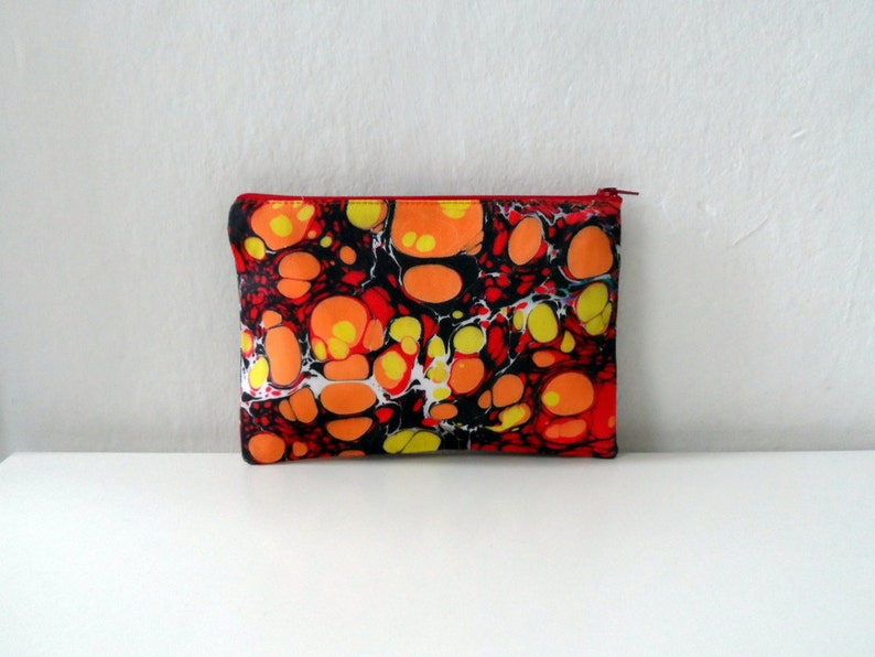 Popart ZipPouch, Orange Yellow Zipper Bag, Hand Marbled Geometric Dots Model 3, cosmetic bag / travel bag / make up bag image 3