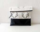 Antler Fold Over Clutch, Off White Cotton Clutch, Hand Stamped Antler prints, woodland winter fashion