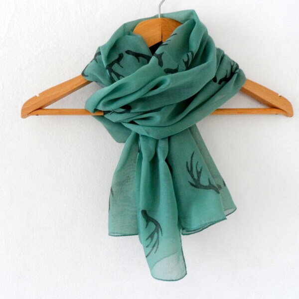 Wide Antler Scarf in Emerald Green, woodland cotton yemeni  scarf, hand stamped lightweight scarf, spring fashion, wedding accessory