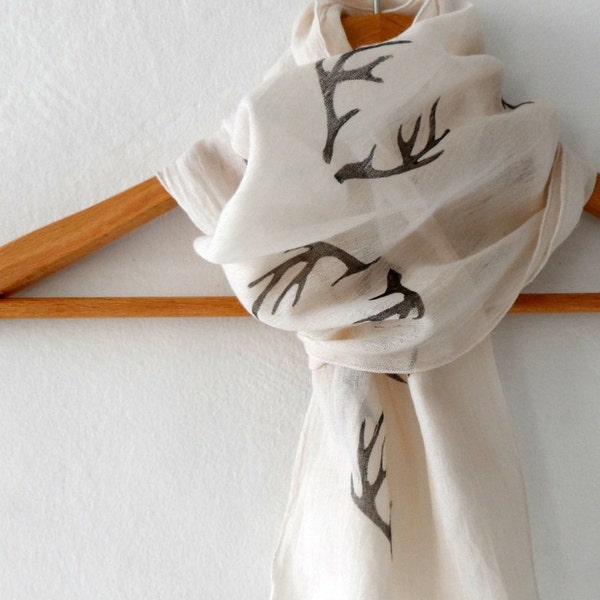 Antler Scarf , woodland cotton yemeni  scarf, hand stamped skinny scarf, fall fashion