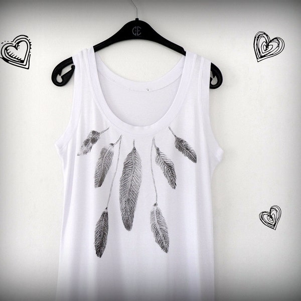 Monochrome Feathers Women Tank Top  Tunic, Hand Printed  Sleeveless Women Summer Top