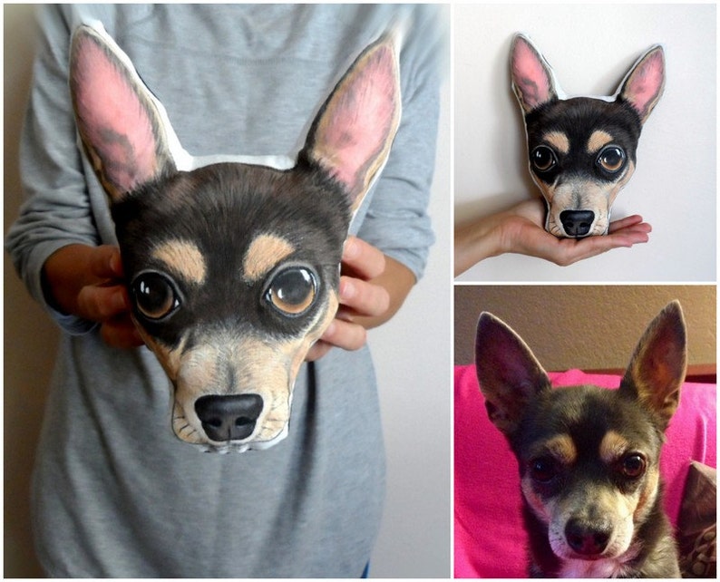 May include: A custom-made pillow featuring a realistic portrait of a chihuahua dog. The pillow is made of soft fabric and has a brown and black color scheme. The dog's eyes are large and brown, and its ears are perky.