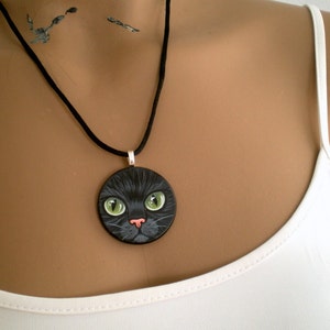 Green Eyed Black Cat Necklace Hand Paint Pendant wooden art jewelry, gift for pet lovers image 5