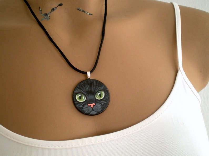 Green Eyed Black Cat Necklace Hand Paint Pendant wooden art jewelry, gift for pet lovers image 5