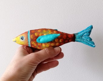 Fisch-Puppe, handbemalte Goldfisch-Skulptur, Fisch-Totem, winzige Stoff-Kunst-Puppe, Geschenk für Fische