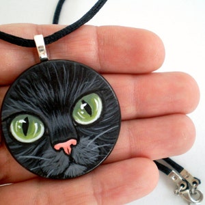 Green Eyed Black Cat Necklace Hand Paint Pendant wooden art jewelry, gift for pet lovers image 4