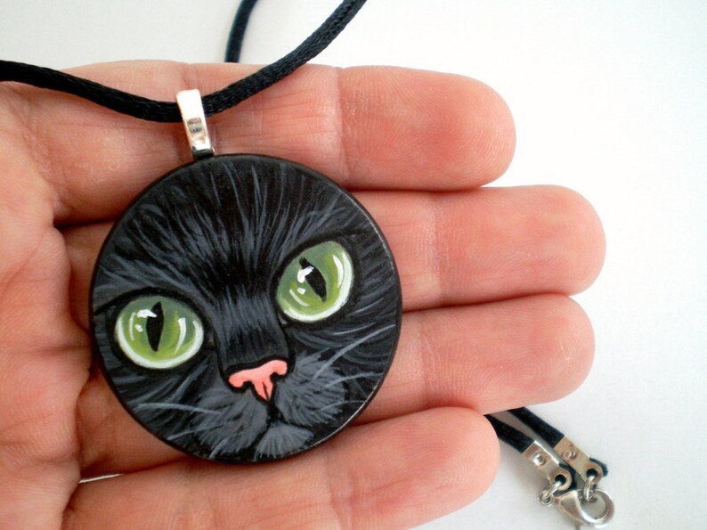 Green Eyed Black Cat Necklace Hand Paint Pendant wooden art jewelry, gift for pet lovers image 4