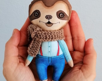 Tiny Sloth Doll, hand painted art doll, pocket doll ,fabric doll , tiny doll, animal totem, sloth lover gift