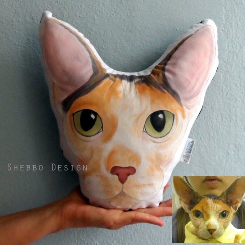 K&ouml;nnte beinhalten: Ein wei&szlig;es, orangefarbenes und braunes Katzenkissen mit einem realistischen Bild eines Sphynx-Katers. Das Kissen wird in der Hand einer Person gehalten. Das Kissen tr&auml;gt den Text "SHEBBO DESIGN" in der linken unteren Ecke und ein kleines Etikett mit dem Text "SHEBBO DESIGN" in der rechten unteren Ecke.