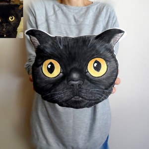 May include: A black cat face pillow with yellow eyes. The pillow is being held by a person.