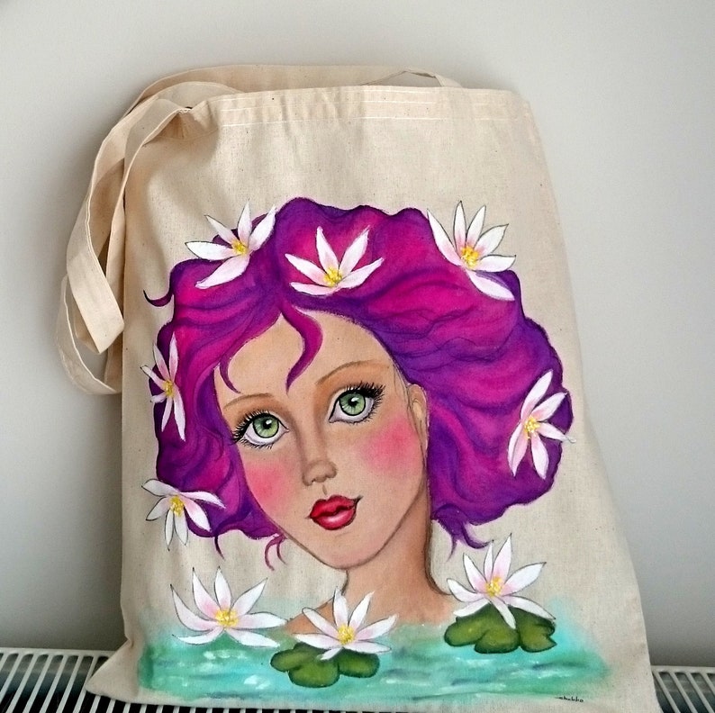 Painted Tote Girl Illustration Tote Birthday Day Gift Lotus Girl Tote Bag