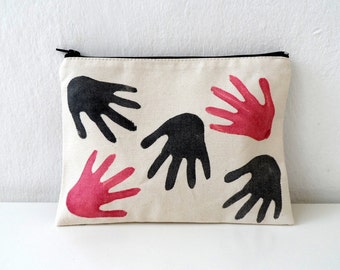 Hand Printed Hands Zip pouch, hand stamped women fashion zipper bag - 108