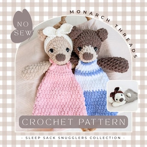 May include: Two crocheted bear sleep sack snugglers, one in pink and the other in blue and white stripes, with the text "CROCHET PATTERN" and "MONARCH THREADS". A small bear sleep sack is also shown.