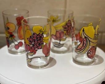 Vintage Orange Juice Glasses, Set of Four, Green Crater, Breakfast