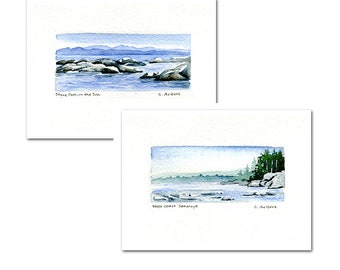 Two Original Hand Painted Landscape Art Cards of Beach Scenes - Hand Made Original Watercolours