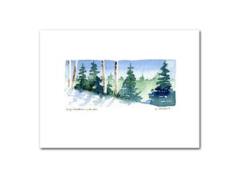 Long Shadows in Winter, 3.5 x 5 Winter Greeting Card, Original Watercolour, Hand Made Art Card