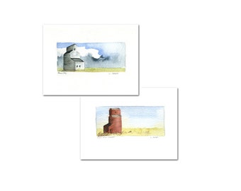 Two Original Hand Painted Art Cards - Prairie Landscapes Grain Elevators