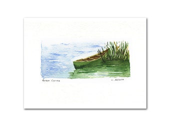 Green Canoe, Original Watercolor Art Card - Paintings for Sale