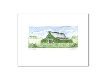 Farm Landscape Original Watercolour Painting, Art Card, Green Barn, Miniature