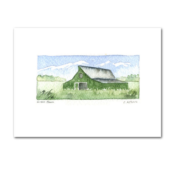 Farm Landscape Original Watercolour Painting, Art Card, Green Barn, Miniature