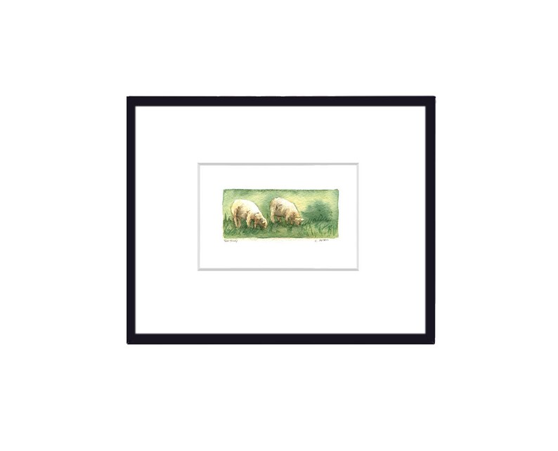 Two Sheep Original Watercolour Art Card For Sale, 3.5 x 5, Miniature Painting image 2