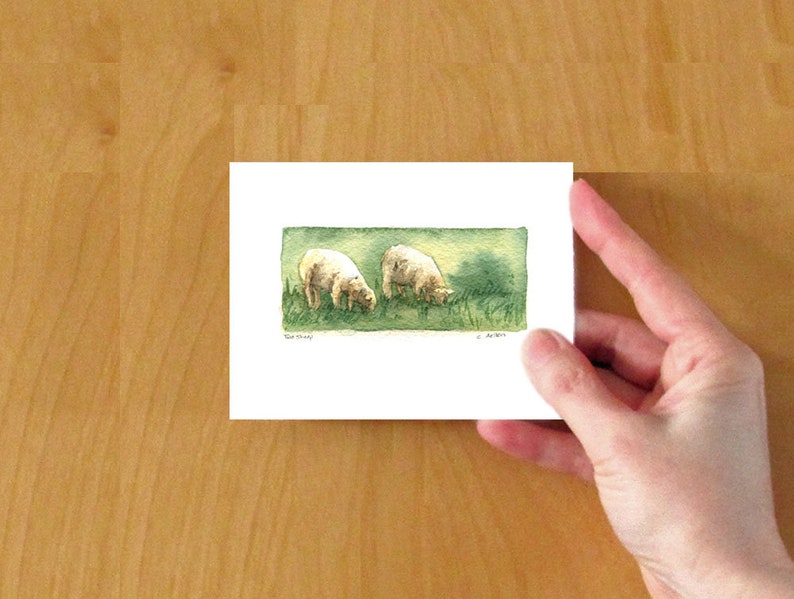 Two Sheep Original Watercolour Art Card For Sale, 3.5 x 5, Miniature Painting image 5