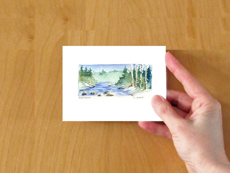 3.5 x 5 Winter Scene, Greeting Card, Miniature Painting, Original Watercolour, Hand Made Art Card image 4