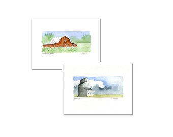 Two Original Hand Painted Art Cards - Barn and Grain Elevator