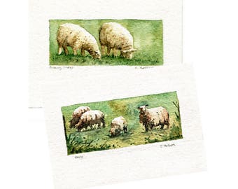 Two Original Hand Painted Sheep Art Cards