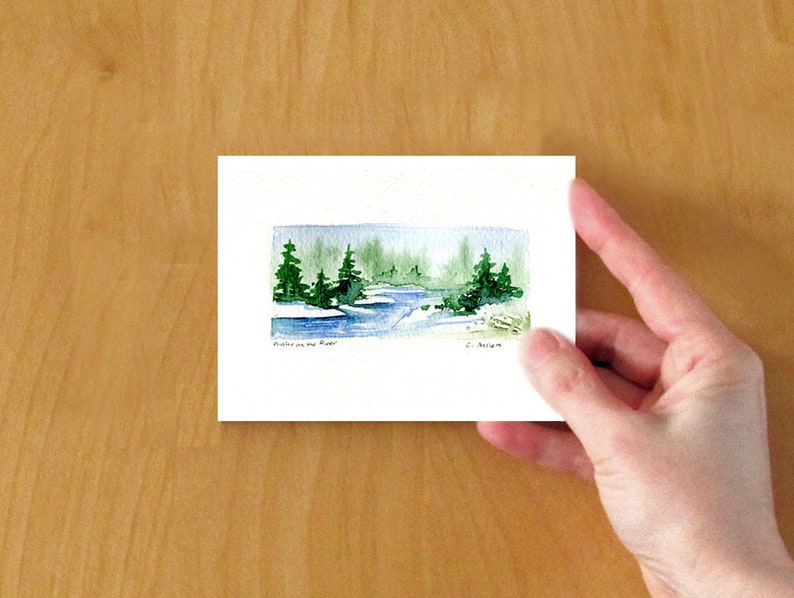 Winter Scene Greeting Card Miniature Painting Original Hand Made Art Card image 2