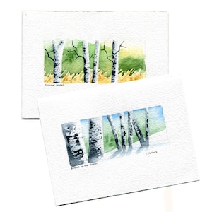 Two Original Hand Painted Landscape Art Cards Birch Trees image 1