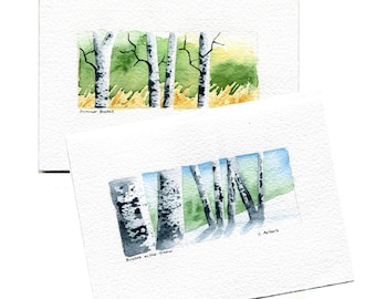 Two Original Hand Painted Landscape Art Cards - Birch Trees