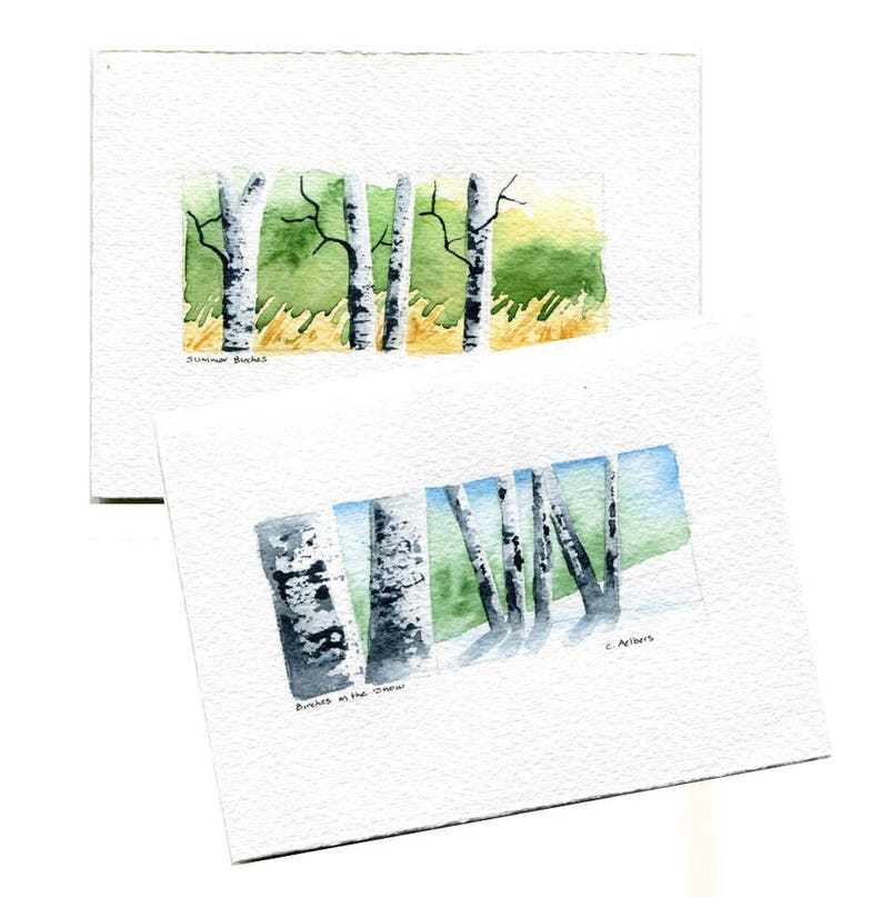 Two Original Hand Painted Landscape Art Cards Birch Trees image 1