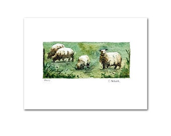 Sheep Original Watercolor Art Card For Sale