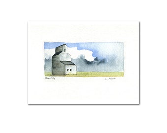 Miniature Original Watercolour Art Card - Grain Elevator Prairie Sky