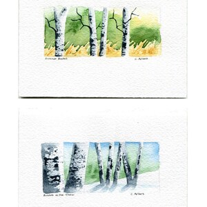Two Original Hand Painted Landscape Art Cards Birch Trees image 2