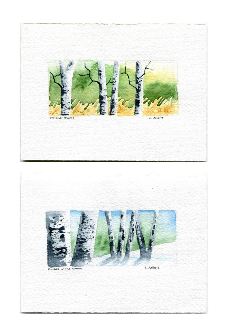 Two Original Hand Painted Landscape Art Cards Birch Trees image 2