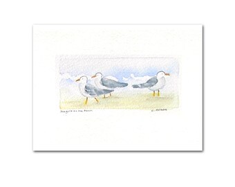 Original Handpainted Art Card Seagulls on the Beach Art