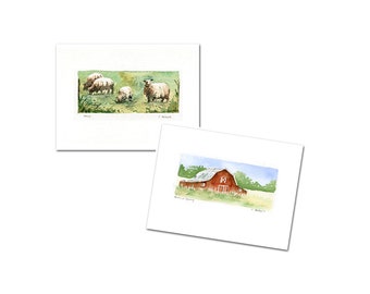 Two Original Hand Painted Art Cards - Barn and Sheep