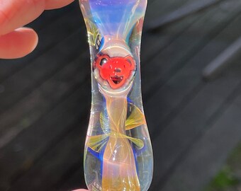 Blown Glass Pipe with dancing bear murrini. Pyrex. It measures 2 5/8” long and comes in a drawstring gift bag. Read age restrictions!