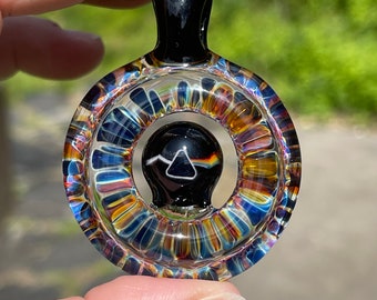 Glass Necklace Pendant with prism murrini and black loop. Pyrex. All of my pendants come with a necklace and in a drawstring gift bag.